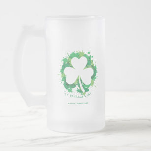 St. Patrick's Day. Lucky Clover White Silhouette. Frosted Glass Beer Mug