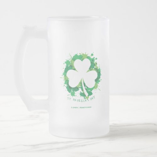 St Patricks Day Lucky Clover White Silhouette Frosted Glass Beer Mug