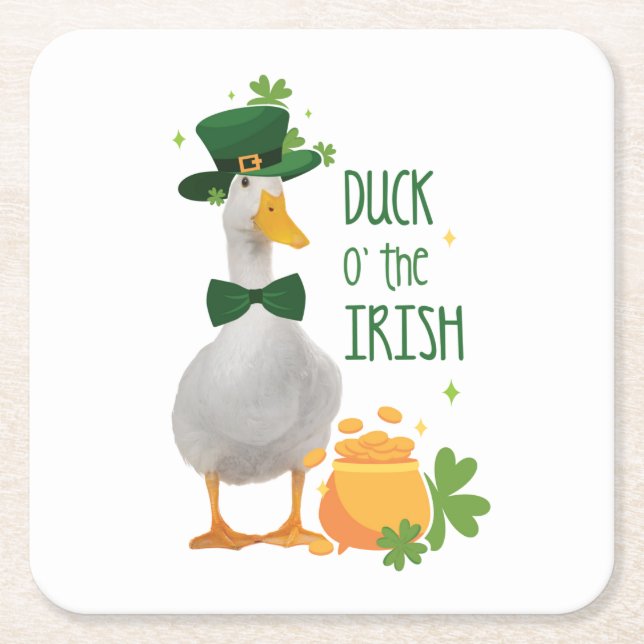 St. Patricks Day Lucky Duck Square Paper Coaster (Front)