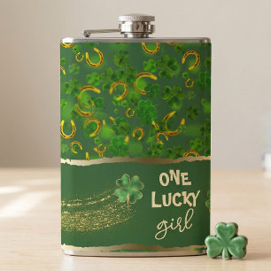 St Patricks Day Lucky Girl Green & Gold Clover Flask