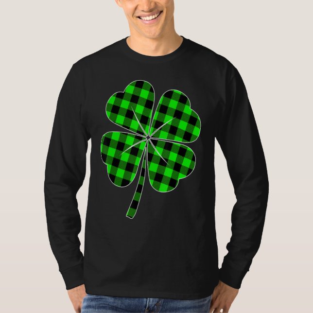 St Patricks Day Lucky Green Buffalo Plaid Shamrock T-Shirt (Front)