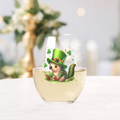 St Patricks Day Lucky Hedgehogs Stemless Wine Glass