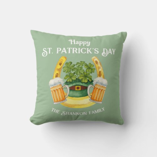 St Patricks Day Lucky Horseshoe on Green Throw Pillow