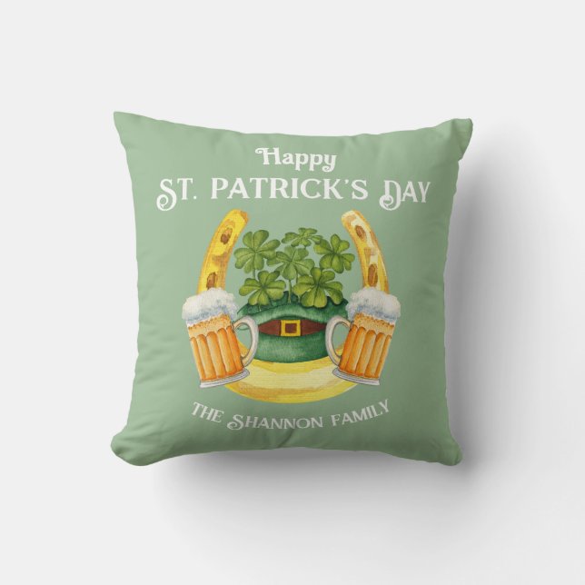 St. Patrick's Day Lucky Horseshoe on Green Throw Pillow (Front)