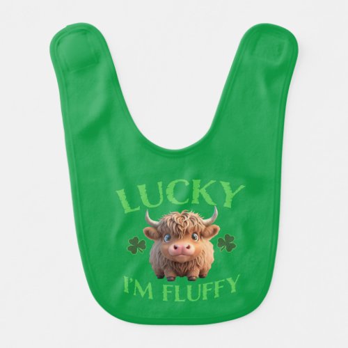 St Patricks Day Lucky Im Fluffy Highland Cow Baby Bib