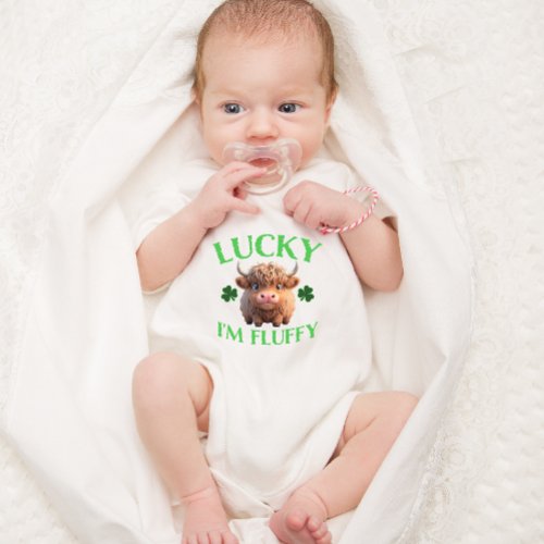 St Patricks Day Lucky Im Fluffy Highland Cow Baby Bodysuit