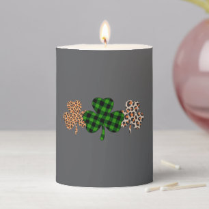St Patricks Day Lucky Irish Green Plaid Shamrock Pillar Candle