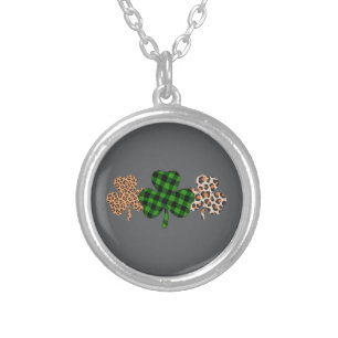 St Patricks Day Lucky Irish Green Plaid Shamrock  Silver Plated Necklace