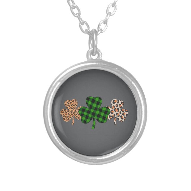 St Patricks Day Lucky Irish Green Plaid Shamrock  Silver Plated Necklace (Front)