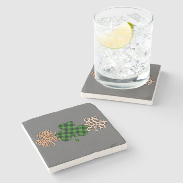 St Patricks Day Lucky Irish Green Plaid Shamrock  Stone Coaster (Side)
