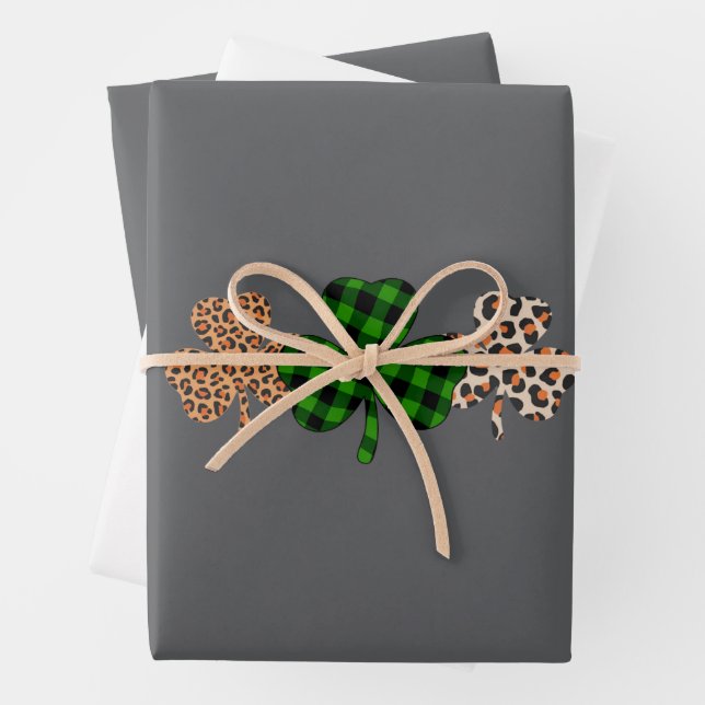 St Patricks Day Lucky Irish Green Plaid Shamrock  Wrapping Paper Sheets (In situ)