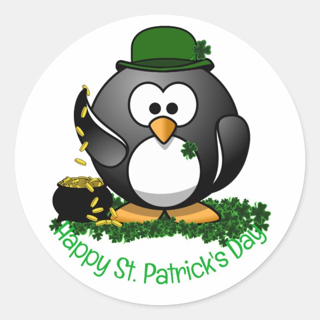 St. Patrick's Day Lucky Penguin  Classic Round Sticker (Front)