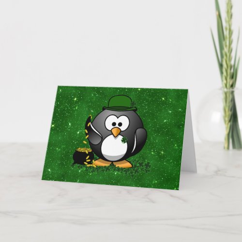 St Patricks Day Lucky Penguin with Pot Of Gold Card