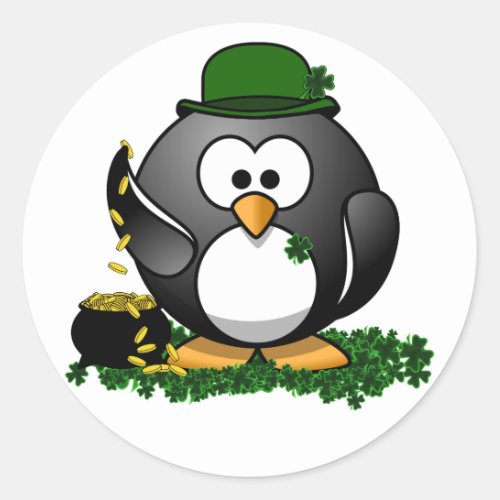 St Patricks Day Lucky Penguin with Pot Of Gold Classic Round Sticker