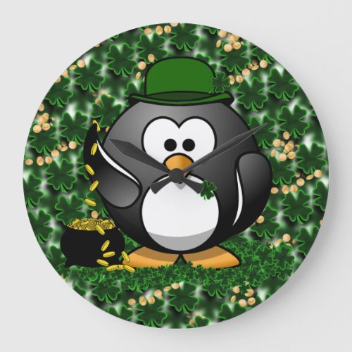 St Patricks Day Lucky Penguin with Pot Of Gold Large Clock