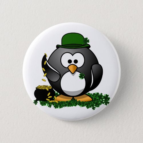 St Patricks Day Lucky Penguin with Pot Of Gold Pinback Button