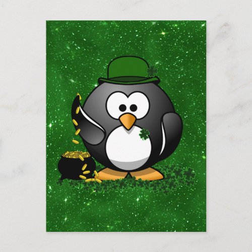 St Patricks Day Lucky Penguin with Pot Of Gold Postcard
