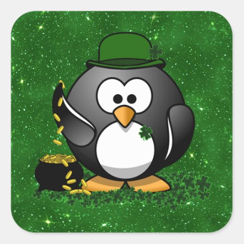 St Patricks Day Lucky Penguin with Pot Of Gold Square Sticker
