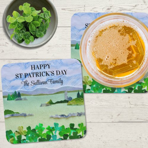 St Patricks Day Lucky Shamrock Family Name Square Paper Coaster
