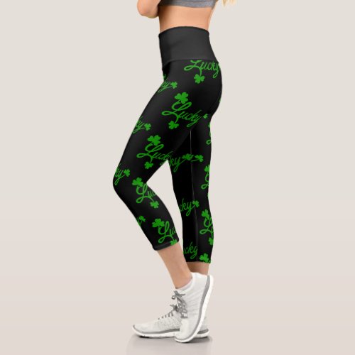 St Patricks Day Lucky Shamrock Green Clover Leaf Capri Leggings