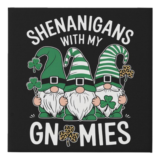 St Patricks Day Lucky Shamrock Leopard Gnomes  Faux Canvas Print (Front)