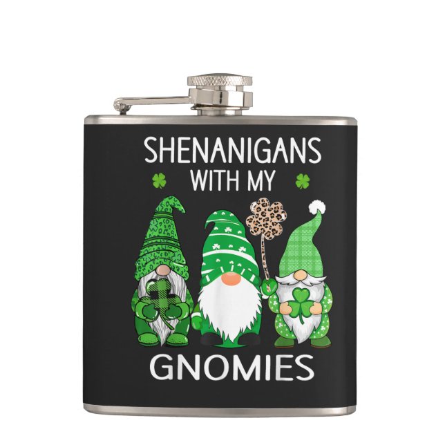 St Patricks Day Lucky Shamrock Leopard Gnomes  Flask (Front)