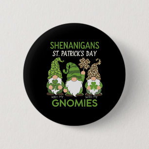 St Patricks Day Lucky Shamrock Leopard Gnomes Iris Button