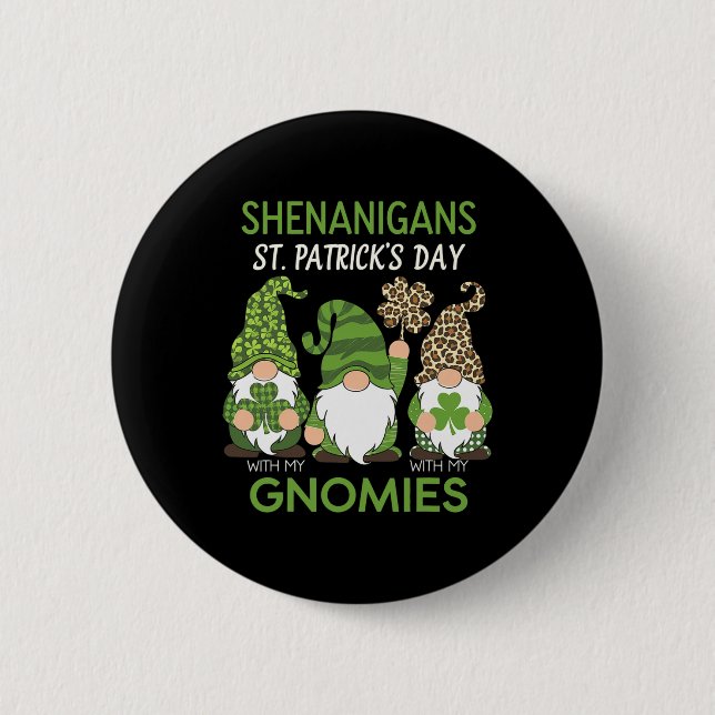 St Patricks Day Lucky Shamrock Leopard Gnomes Iris Button (Front)