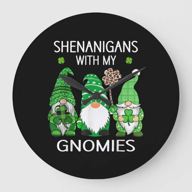 St Patricks day lucky Shamrock leopard gnomes  Large Clock (Front)