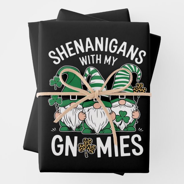 St Patricks Day Lucky Shamrock Leopard Gnomes  Wrapping Paper Sheets (In situ)