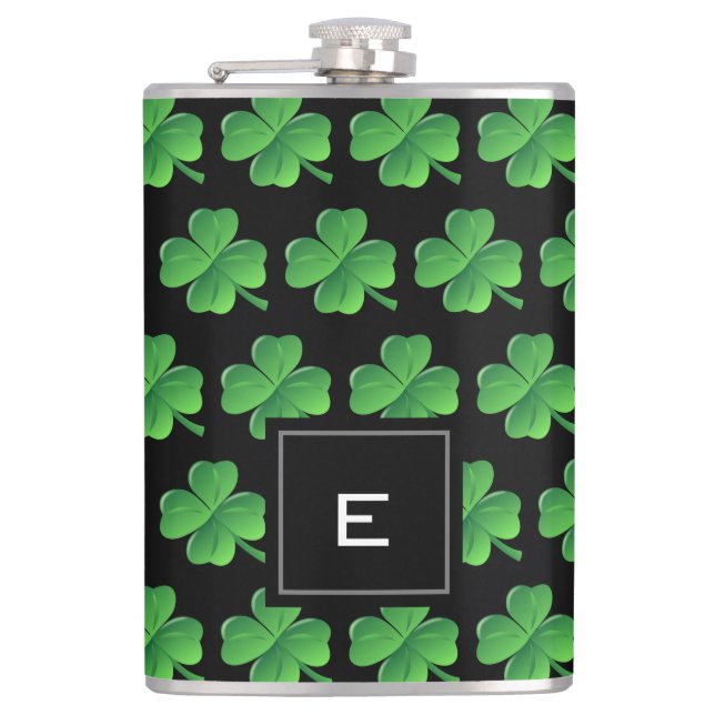 St Patricks Day Lucky Shamrock Pattern Monogram Flask (Front)