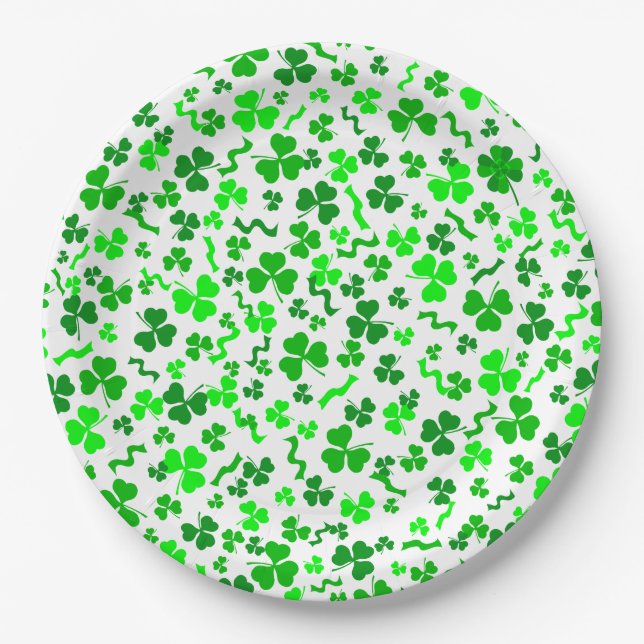 St Patrick's Day Lucky Shamrocks Confetti Pattern Paper Plates (Front)