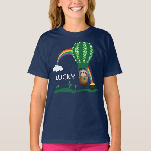 St Patricks Day Lucky Sloth in Hot Air Balloon T_Shirt