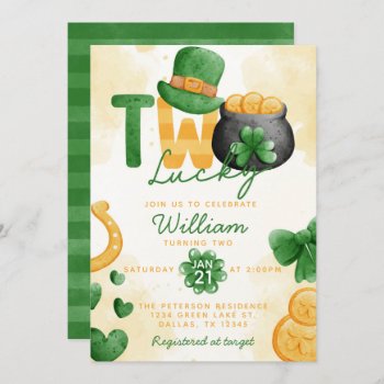 St Patricks Day Lucky Two 2nd Birthday Invitation by PerfectPrintableCo at Zazzle