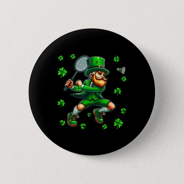 St. Patricks Day Man Playing Badminton Player Team Button (Front)