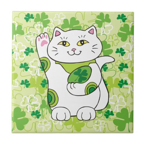St Patricks Day Maneki Neko Lucky Cat Tile