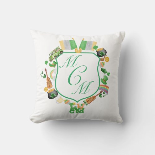St Patricks day Monogram Crest  Throw Pillow