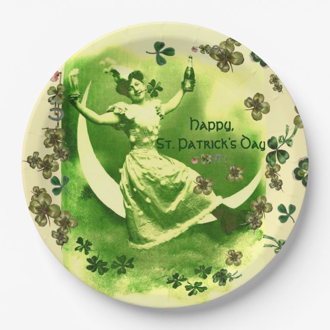 ST PATRICK'S DAY MOON LADY,IRISH BEER ,SHAMROCKS PAPER PLATES (Front)