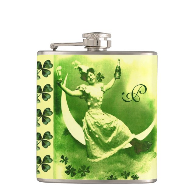 ST PATRICK'S DAY MOON LADY WITH SHAMROCKS Monogram Hip Flask (Front)
