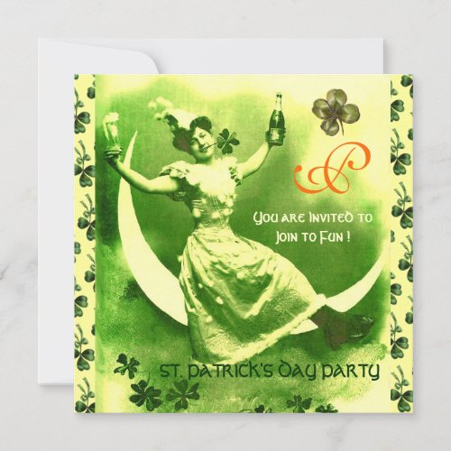 STPATRICKS DAY MOON LADY WITH SHAMROCKS MONOGRAM INVITATION