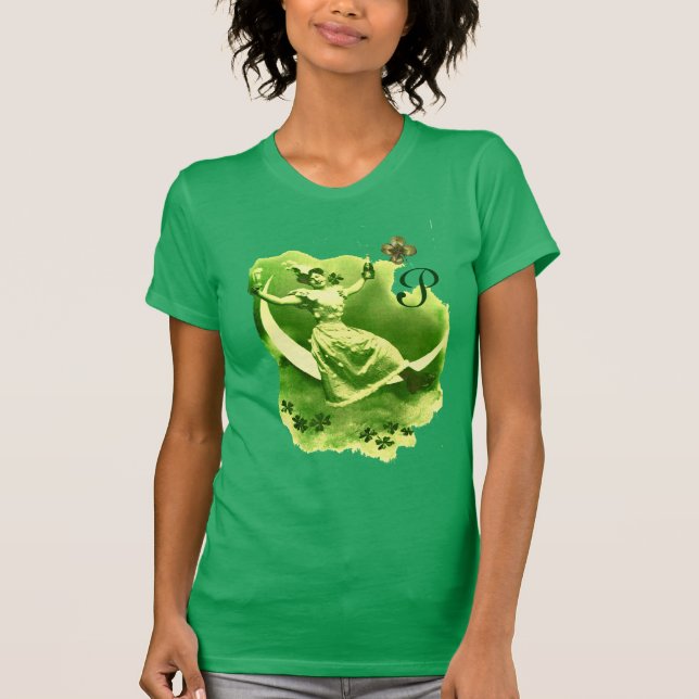ST PATRICK'S DAY MOON LADY WITH SHAMROCKS MONOGRAM T-Shirt (Front)
