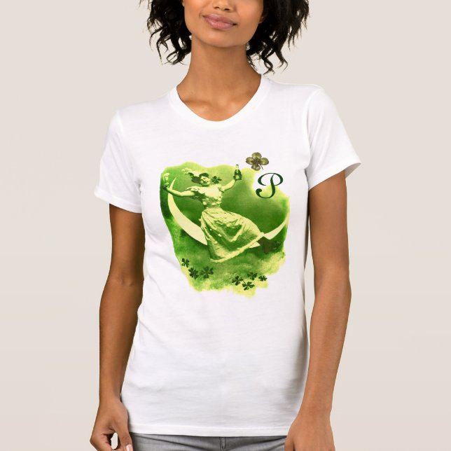 ST PATRICK'S DAY MOON LADY WITH SHAMROCKS MONOGRAM T-Shirt (Front)