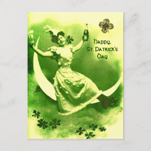 ST PATRICK'S DAY MOON LADY WITH SHAMROCKS POSTCARD
