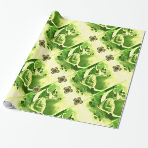 ST PATRICK'S DAY MOON LADY WITH SHAMROCKS WRAPPING PAPER