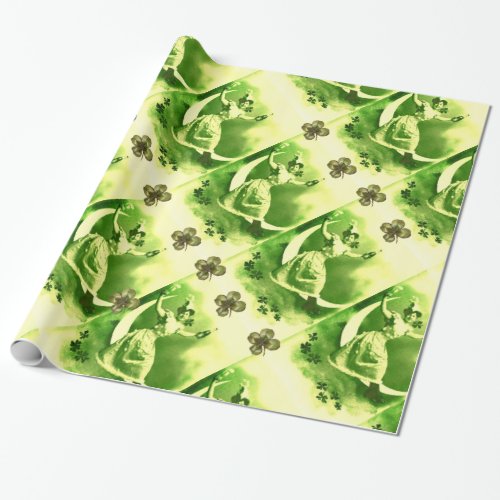ST PATRICKS DAY MOON LADY WITH SHAMROCKS WRAPPING PAPER