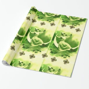 ST PATRICK'S DAY MOON LADY WITH SHAMROCKS WRAPPING PAPER