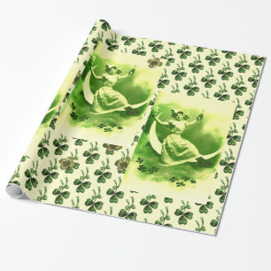 ST PATRICK'S DAY MOON LADY WITH SHAMROCKS WRAPPING PAPER