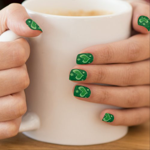 St Patricks Day nails with heart and lucky clovers Minx Nail Art