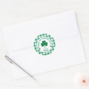 St Patricks Day NAME Irish Clover Green Check Classic Round Sticker