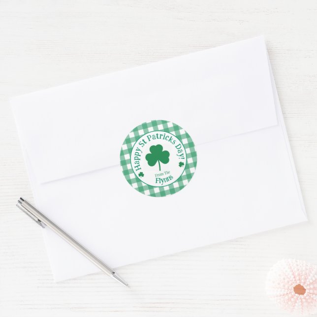 St Patricks Day NAME Irish Clover Green Check Classic Round Sticker (Envelope)